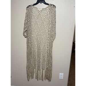 Sweet Journey Crochet Knit Longline Cardigan Beige Boho Fringe Duster Medium